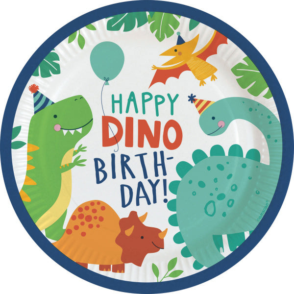 Bunte Dino-Teller Happy Birthday 23cm 8St.