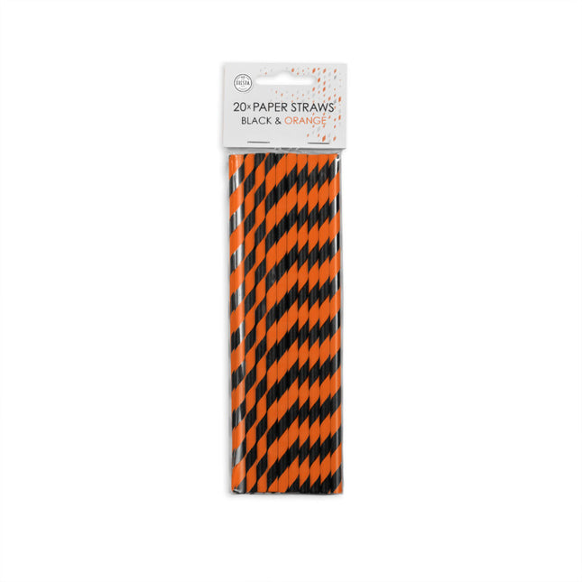 Papierstrohhalme Orange/Schwarz Gestreift 19,7cm 20Stk.