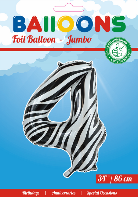 Folienballon Figur 4 Zebra XL 86cm leer