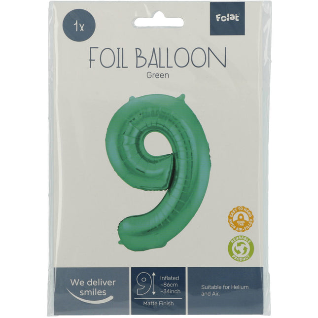 Folienballon Figur 9 Matt Grün XL 86cm leer