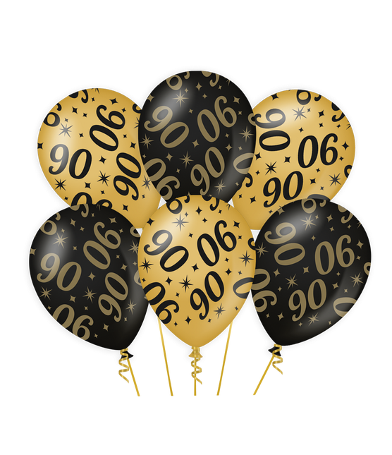 Ballons 90 Jahre Gold Schwarz 30cm 6Stk