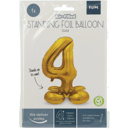 Folienballon Figur 4 Gold mit Ständer 72cm