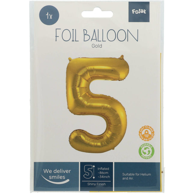 Folienballon Figur 5 Gold Metallic XL 86cm leer