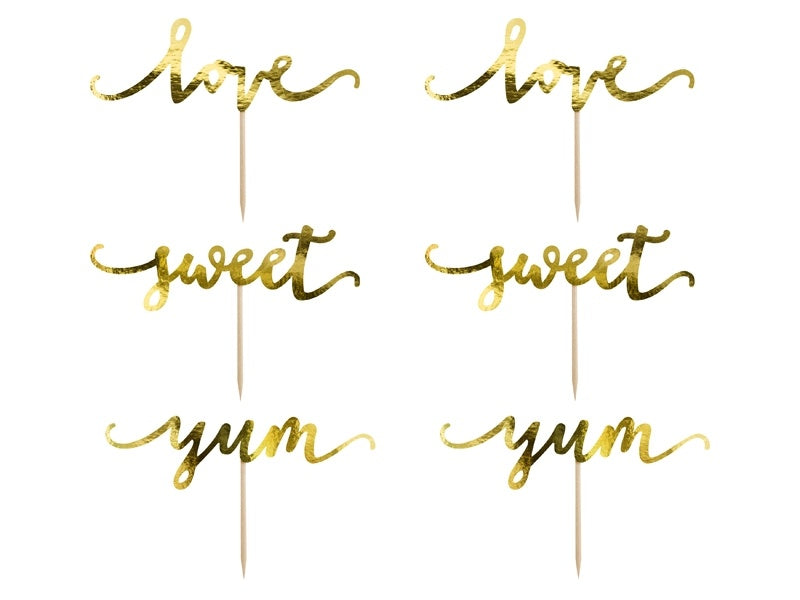 Cupcake Toppers Gold Sweet Love Yum 13cm 6 Stk.