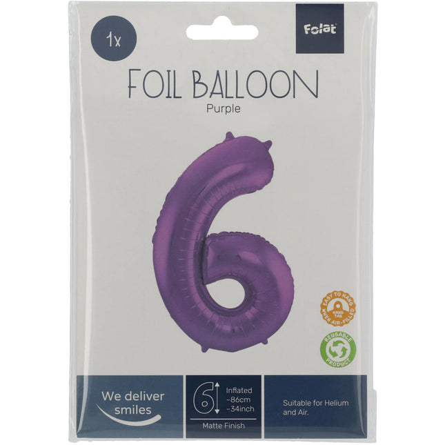 Folienballon Figur 6 Matt Lila XL 86cm leer