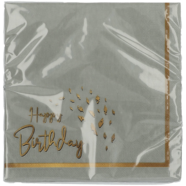 Servietten Happy Birthday Grau Gold 33cm 20Stück