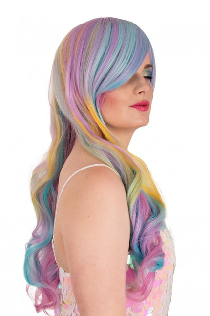 Perücke Selena Lang mit Locken Pastellfarbener Regenbogen mit schrägem Pony