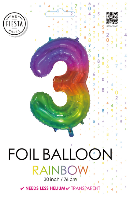 Folienballon Figur 3 Regenbogen Transparent 66cm