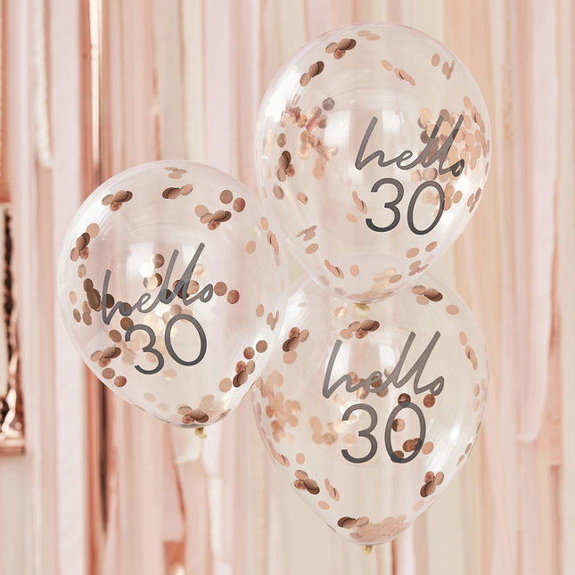 Rose Gold Konfetti Ballons 30 Jahre 30cm 5Stk