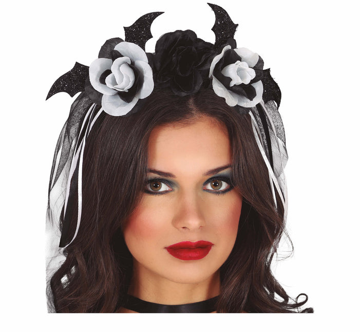 Halloween Haarband Schwarz Weiß Blumen Und Schleier