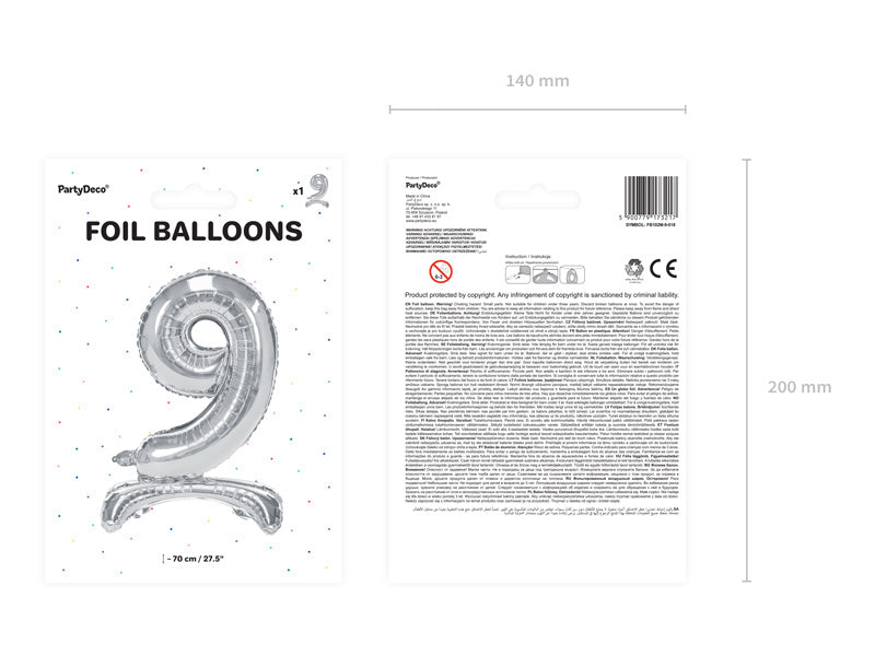 Folienballon Figur 9 Silber Standard Leer 70cm