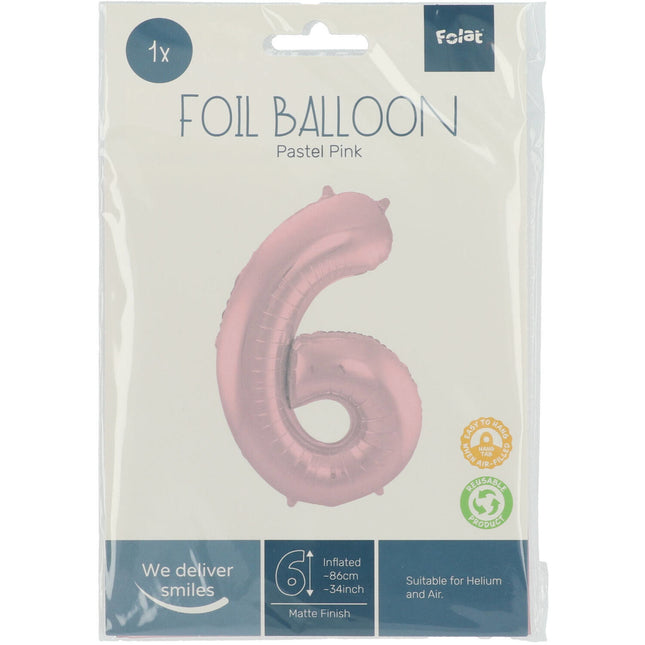 Folienballon Figur 6 Pastellrosa XL 86cm leer