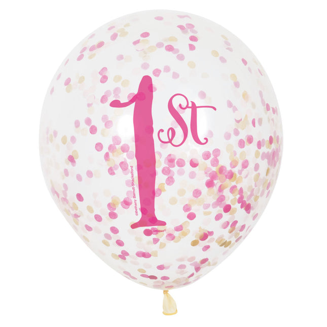 Konfetti Ballons 1 Jahr Rosa 30cm 6Stk