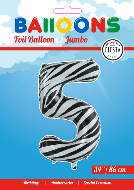 Folienballon Figur 5 Zebra XL 86cm leer