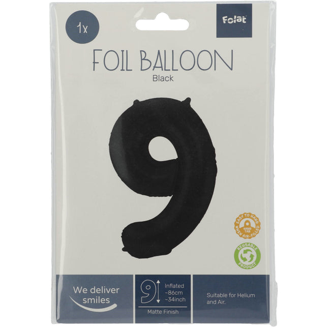 Folienballon Figur 9 Matt Schwarz XL 86cm leer