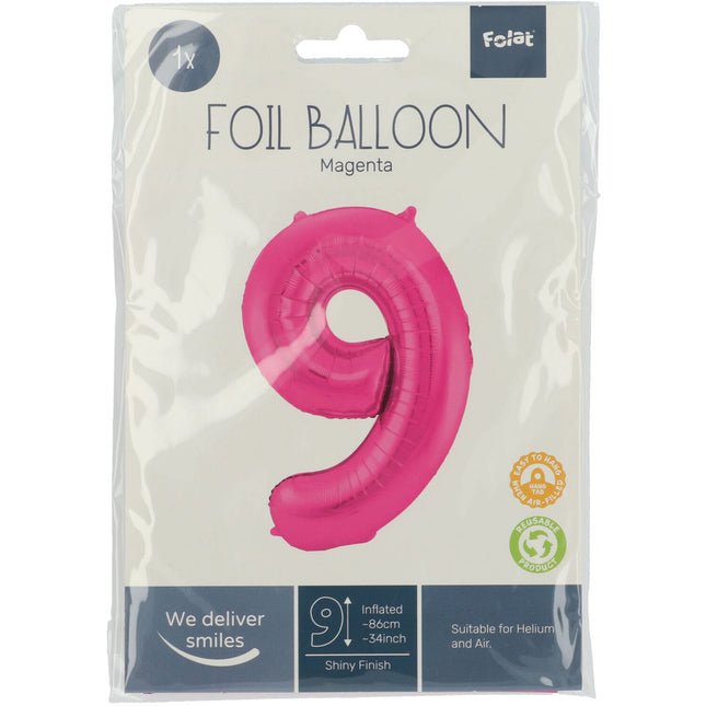 Folienballon Figur 9 Fuchsia Metallic XL 86cm leer