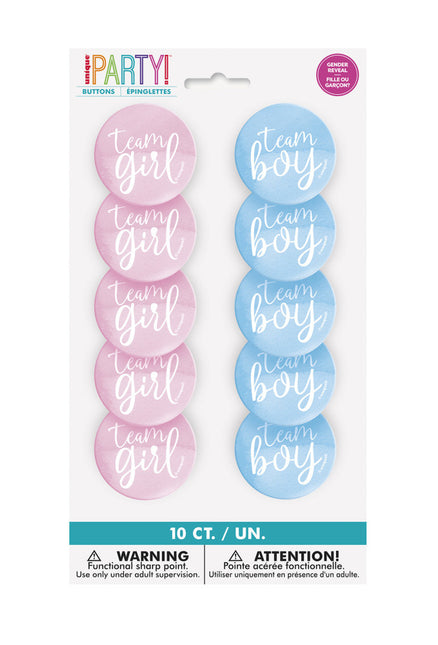 Gender Reveal Buttons Team Junge und Team Mädchen 3cm 10 Stk.