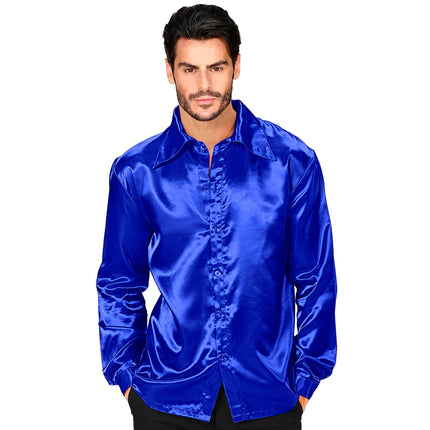 Disco 70S Bluse Blau Herren Satin