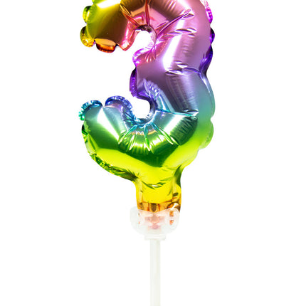 Folienballon Figur 3 Regenbogen 13cm mit Stick