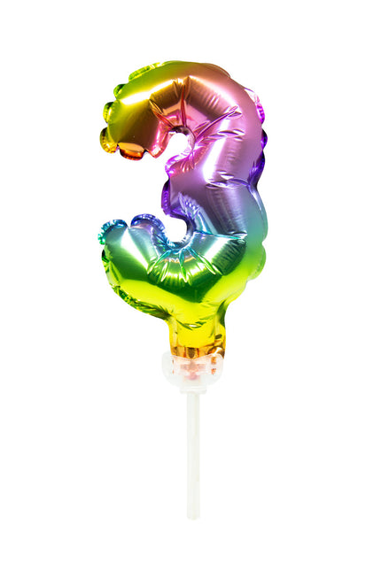 Folienballon Figur 3 Regenbogen 13cm mit Stick