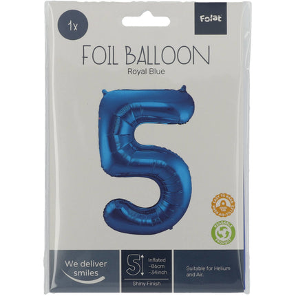 Folienballon Figur 5 Blau Metallic XL 86cm leer