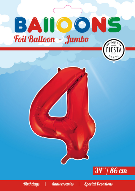 Folienballon Figur 4 Rot XL 86cm leer