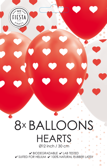 Herz Ballons Rot Weiß 30,5cm 8Stk