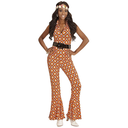 Disco 70S Jumpsuit Orange Ladies Checkered