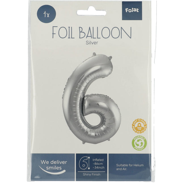 Folienballon Figur 6 Silber Metallic XL 86cm leer