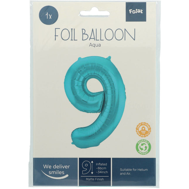 Folienballon Figur 9 Pastell Mintgrün XL 86cm Leer