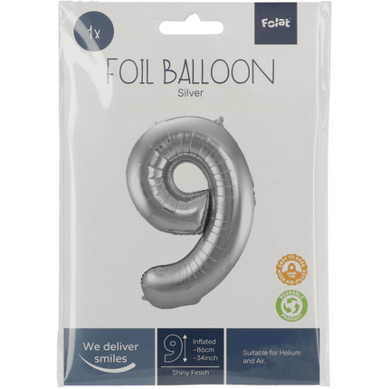 Folienballon Figur 9 Silber Metallic XL 86cm leer