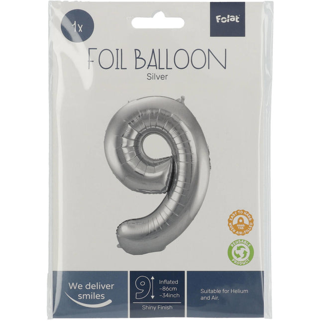 Folienballon Figur 9 Silber Metallic XL 86cm leer