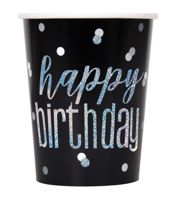 Happy Birthday Becher Schwarz Glitter 266ml 8Stück