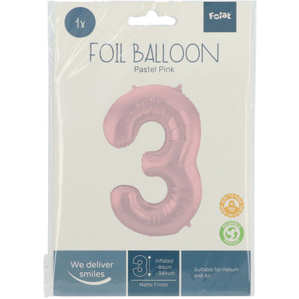 Folienballon Figur 3 Pastellrosa XL 86cm leer