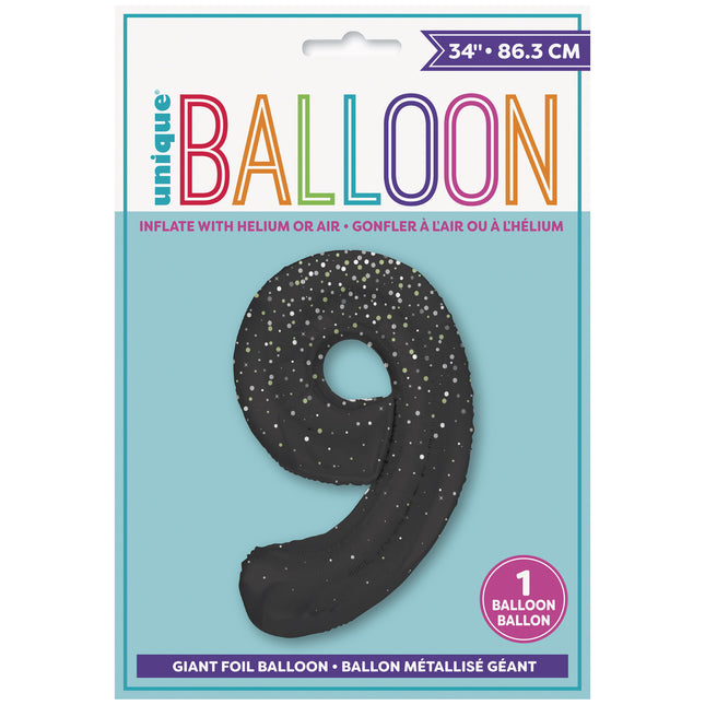 9 Jahre Figur Ballon Black Dots 86cm