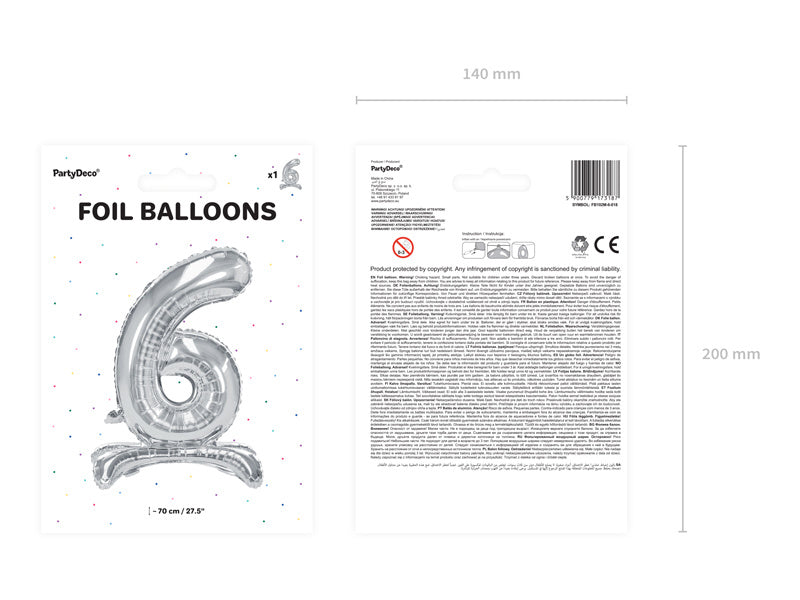 Folienballon Figur 6 Silber Standard Leer 70cm