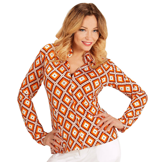 Disco 70S Bluse Orange Damen Kariert