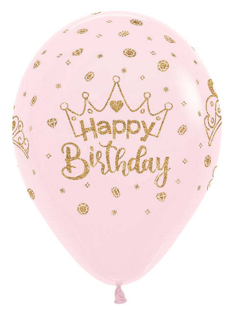 Ballons Happy Birthday Kronen Glitzer Tinte Pastell Matt Rosa 30cm 25Stk