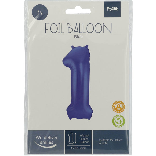 Folienballon Figur 1 Matt Blau XL 86cm leer