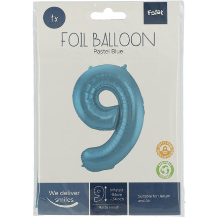 Folienballon Figur 9 Pastellblau XL 86cm leer