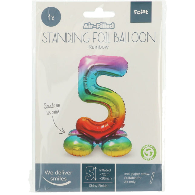 Folienballon Figur 5 Regenbogen mit Ständer 72cm