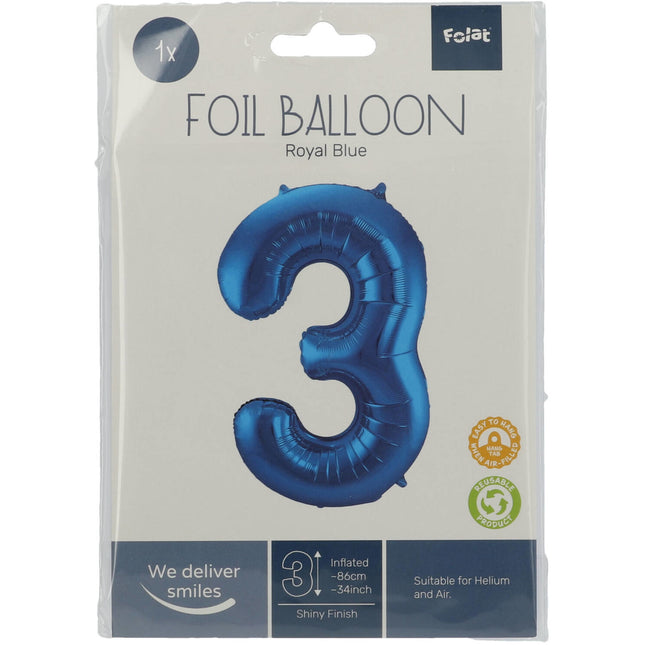 Folienballon Figur 3 Blau Metallic XL 86cm Leer