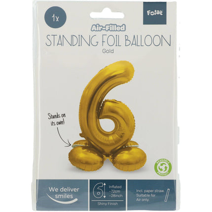 Folienballon Figur 6 Gold mit Ständer 72cm