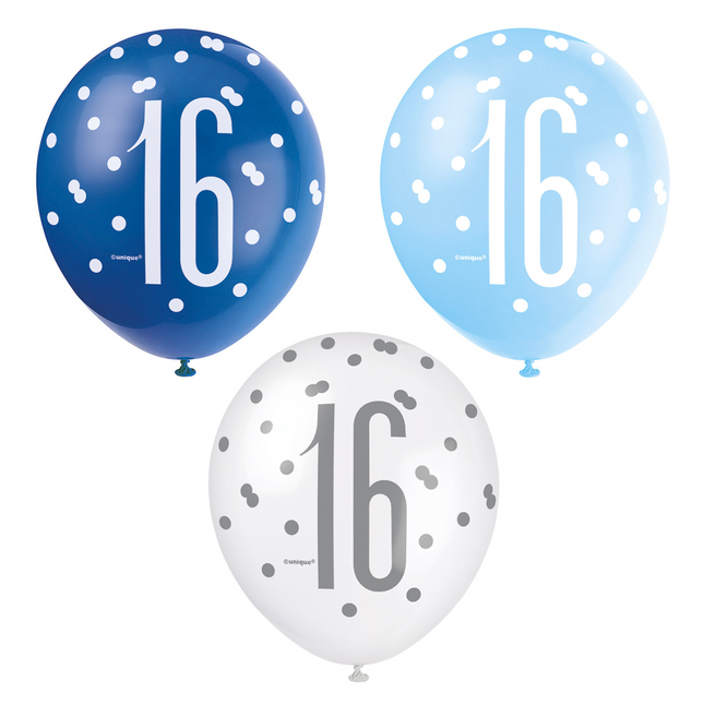 Ballons 16 Jahre Dots Blau 30cm 6Stk