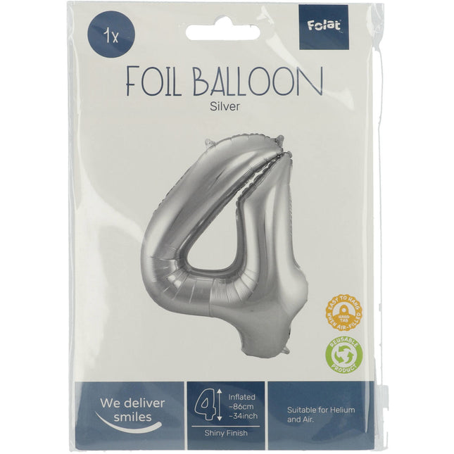 Folienballon Figur 4 Silber Metallic XL 86cm leer