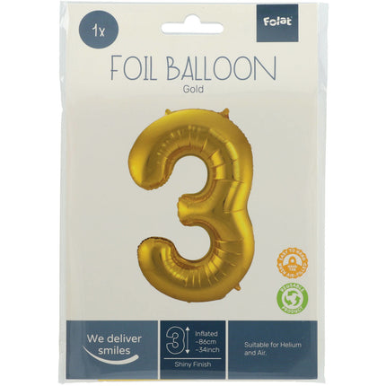 Folienballon Figur 3 Gold Metallic XL 86cm leer