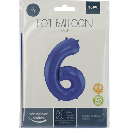 Folienballon Figur 6 Matt Blau XL 86cm leer