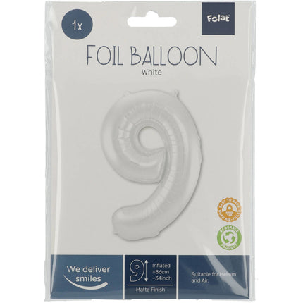 Folienballon Figur 9 Matt Weiß XL 86cm leer