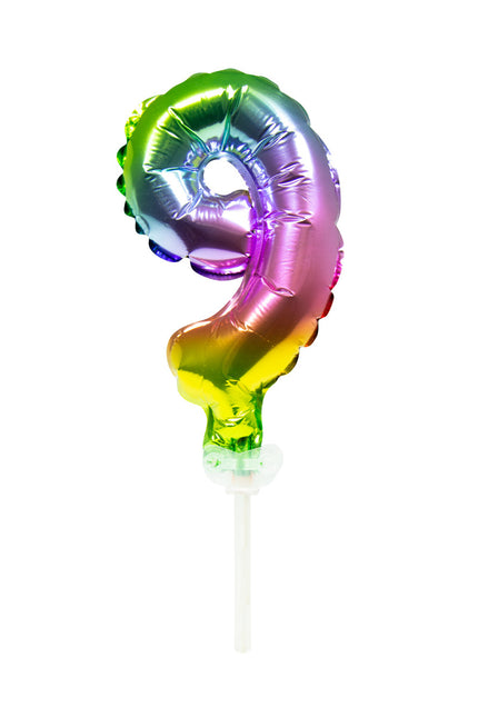 Folienballon Figur 9 Regenbogen 13cm mit Stick