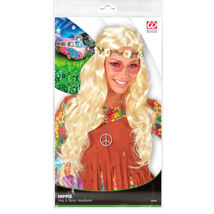 Hippie 60S Perücke Blond mit geblümtem Haarband